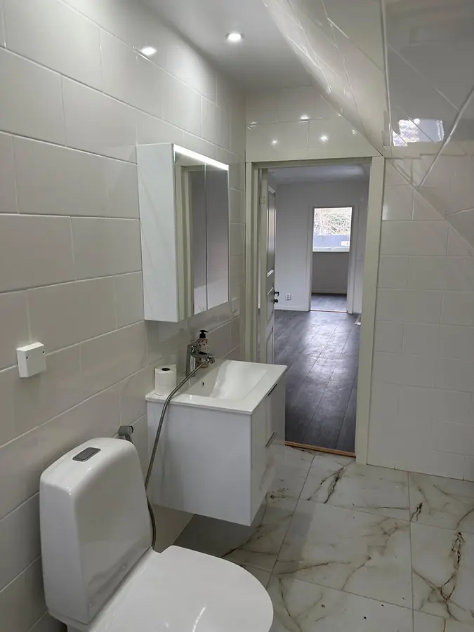 Handfat med LED-belyst spegelskåp, öppen dörr ut mot hallen.